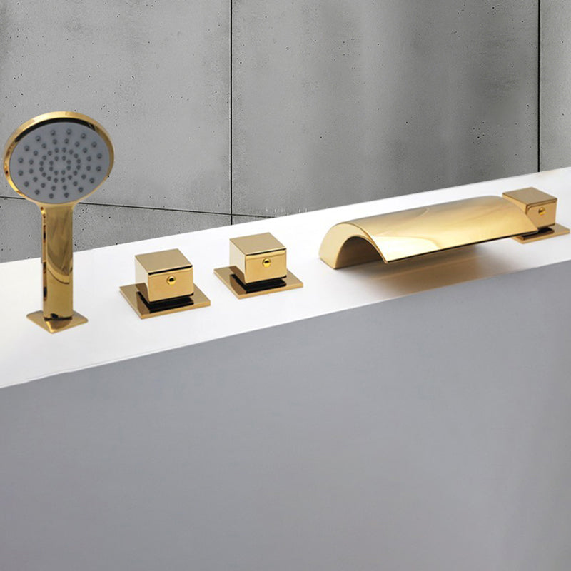 Contemporary Style Bathroom Faucet Metal Deck Mounted Bathroom Faucet Gold Square Handle Fixed Clearhalo 'Bathroom Remodel & Bathroom Fixtures' 'Bathtub Faucets' 'bathtub_faucets' 'Home Improvement' 'home_improvement' 'home_improvement_bathtub_faucets' 7308409