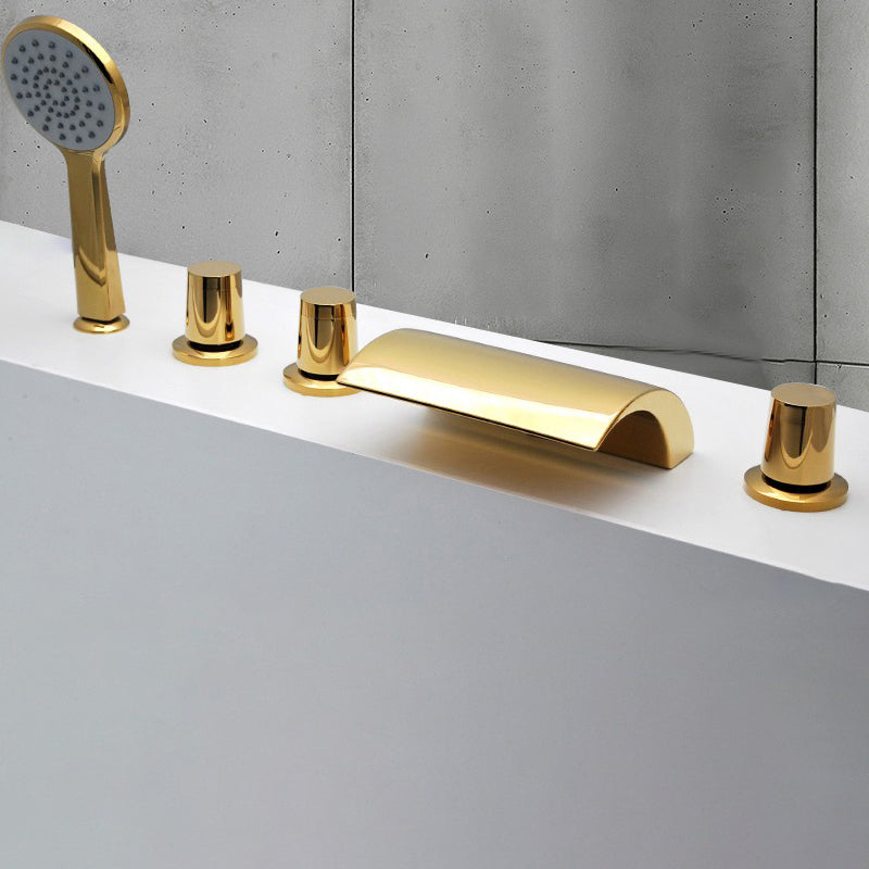 Contemporary Style Bathroom Faucet Metal Deck Mounted Bathroom Faucet Gold Tapered Handle Fixed Clearhalo 'Bathroom Remodel & Bathroom Fixtures' 'Bathtub Faucets' 'bathtub_faucets' 'Home Improvement' 'home_improvement' 'home_improvement_bathtub_faucets' 7308410
