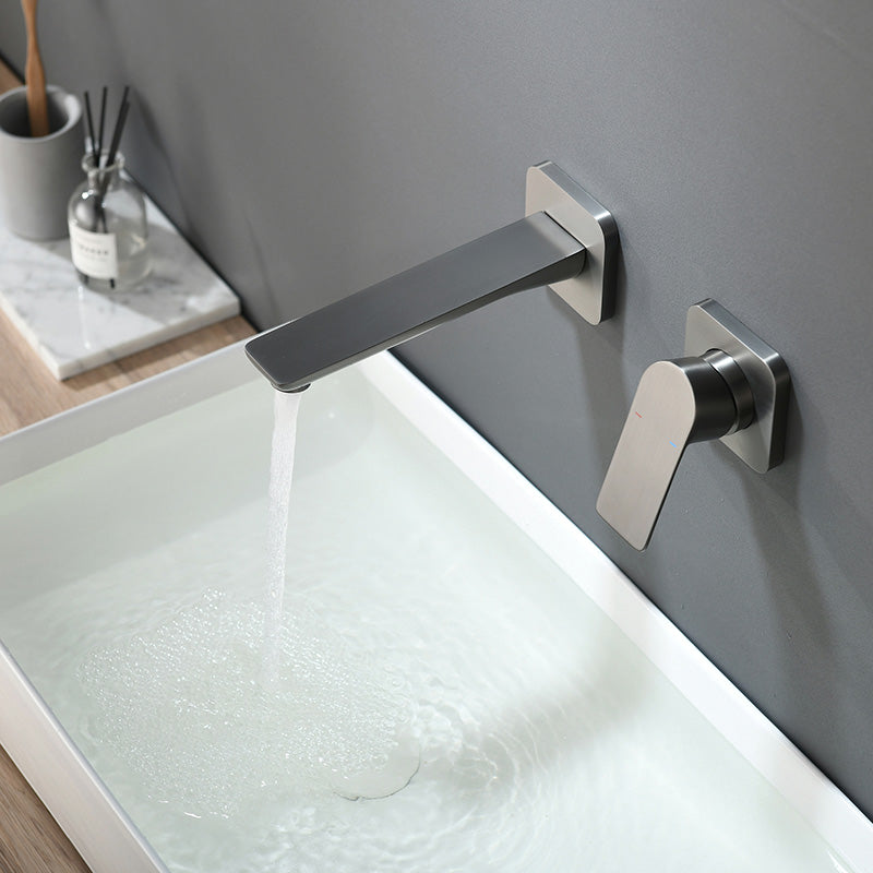 Modern Wall Mounted Bathroom Faucet Lever Handle Low Arc 2 Hole Faucets Clearhalo 'bathroom_sink_faucets' 'Conjunta de Baño y Conjunta de Grifo' 'Coronamiento de Baño y Dispositivo de Baño' 'Grifo del lavabo del baño' 'Hogar' 'home_improvement' 'home_improvement_bathroom_sink_faucets' 'Mejoras para el hogar' 7308454