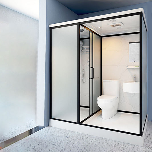 Frosted Tempered Glass Framed Shower Stall with White Base and Towel Bar Clearhalo 'Bathroom Remodel & Bathroom Fixtures' 'Home Improvement' 'home_improvement' 'home_improvement_shower_stalls_enclosures' 'Shower Stalls & Enclosures' 'shower_stalls_enclosures' 'Showers & Bathtubs' 7309069