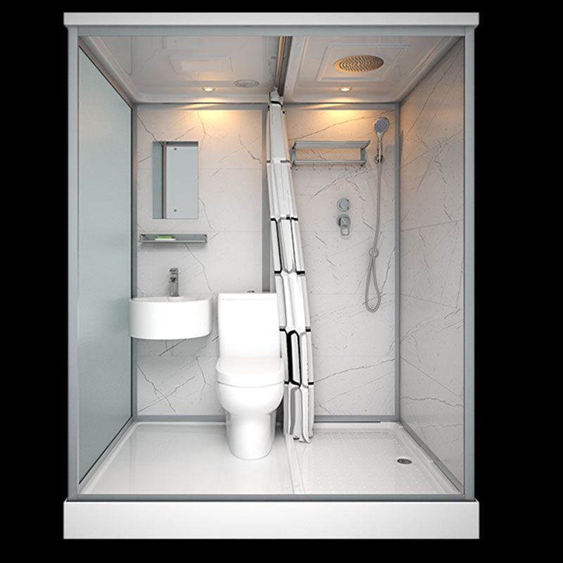 Frosted Tempered Glass Framed Shower Stall with White Base and Towel Bar 43.3"L x 55.1"W x 84.6"H Toilet Included Clearhalo 'Bathroom Remodel & Bathroom Fixtures' 'Home Improvement' 'home_improvement' 'home_improvement_shower_stalls_enclosures' 'Shower Stalls & Enclosures' 'shower_stalls_enclosures' 'Showers & Bathtubs' 7309070