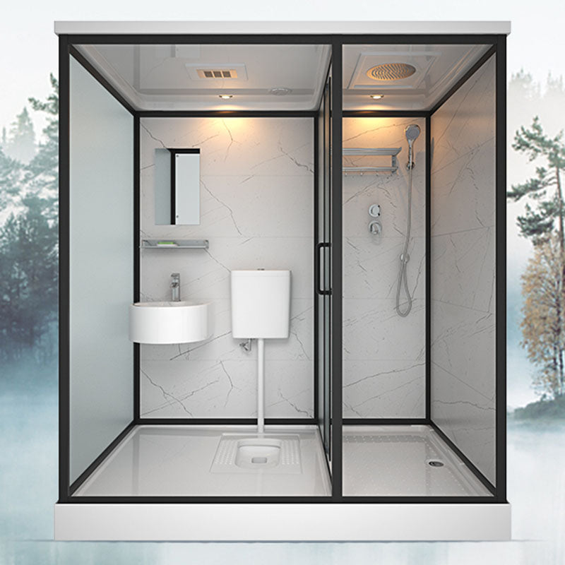 Frosted Tempered Glass Framed Shower Stall with White Base and Towel Bar Clearhalo 'Bathroom Remodel & Bathroom Fixtures' 'Home Improvement' 'home_improvement' 'home_improvement_shower_stalls_enclosures' 'Shower Stalls & Enclosures' 'shower_stalls_enclosures' 'Showers & Bathtubs' 7309071