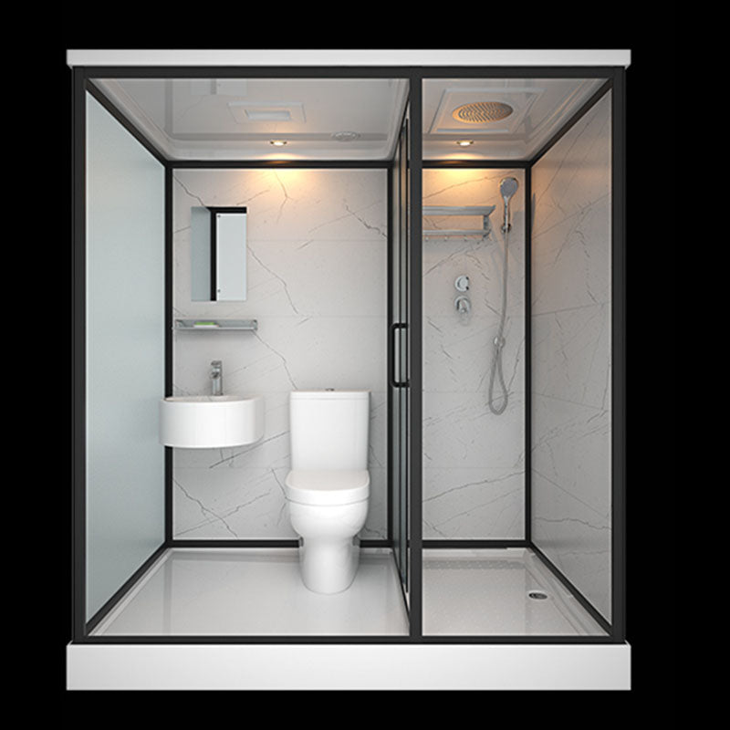Frosted Tempered Glass Framed Shower Stall with White Base and Towel Bar 47"L x 75"W x 85"H Toilet Included Clearhalo 'Bathroom Remodel & Bathroom Fixtures' 'Home Improvement' 'home_improvement' 'home_improvement_shower_stalls_enclosures' 'Shower Stalls & Enclosures' 'shower_stalls_enclosures' 'Showers & Bathtubs' 7309072