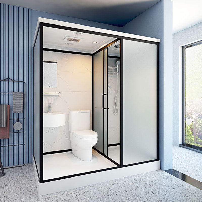 Frosted Tempered Glass Framed Shower Stall with White Base and Towel Bar Clearhalo 'Bathroom Remodel & Bathroom Fixtures' 'Home Improvement' 'home_improvement' 'home_improvement_shower_stalls_enclosures' 'Shower Stalls & Enclosures' 'shower_stalls_enclosures' 'Showers & Bathtubs' 7309073