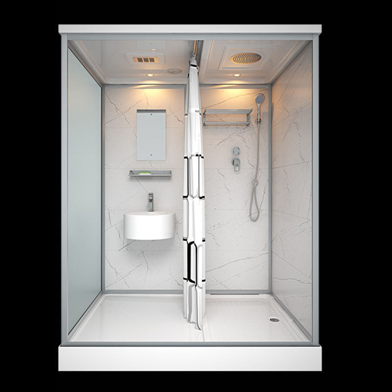 Frosted Tempered Glass Framed Shower Stall with White Base and Towel Bar 43.3"L x 55.1"W x 84.6"H With Heater Clearhalo 'Bathroom Remodel & Bathroom Fixtures' 'Home Improvement' 'home_improvement' 'home_improvement_shower_stalls_enclosures' 'Shower Stalls & Enclosures' 'shower_stalls_enclosures' 'Showers & Bathtubs' 7309075