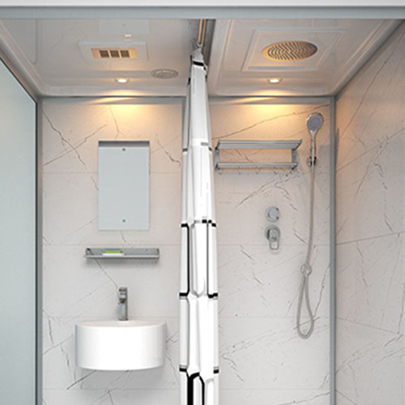 Frosted Tempered Glass Framed Shower Stall with White Base and Towel Bar Clearhalo 'Bathroom Remodel & Bathroom Fixtures' 'Home Improvement' 'home_improvement' 'home_improvement_shower_stalls_enclosures' 'Shower Stalls & Enclosures' 'shower_stalls_enclosures' 'Showers & Bathtubs' 7309076