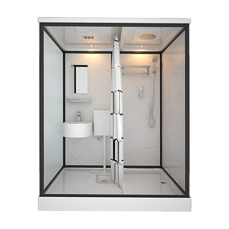 Frosted Tempered Glass Framed Shower Stall with White Base and Towel Bar Clearhalo 'Bathroom Remodel & Bathroom Fixtures' 'Home Improvement' 'home_improvement' 'home_improvement_shower_stalls_enclosures' 'Shower Stalls & Enclosures' 'shower_stalls_enclosures' 'Showers & Bathtubs' 7309078