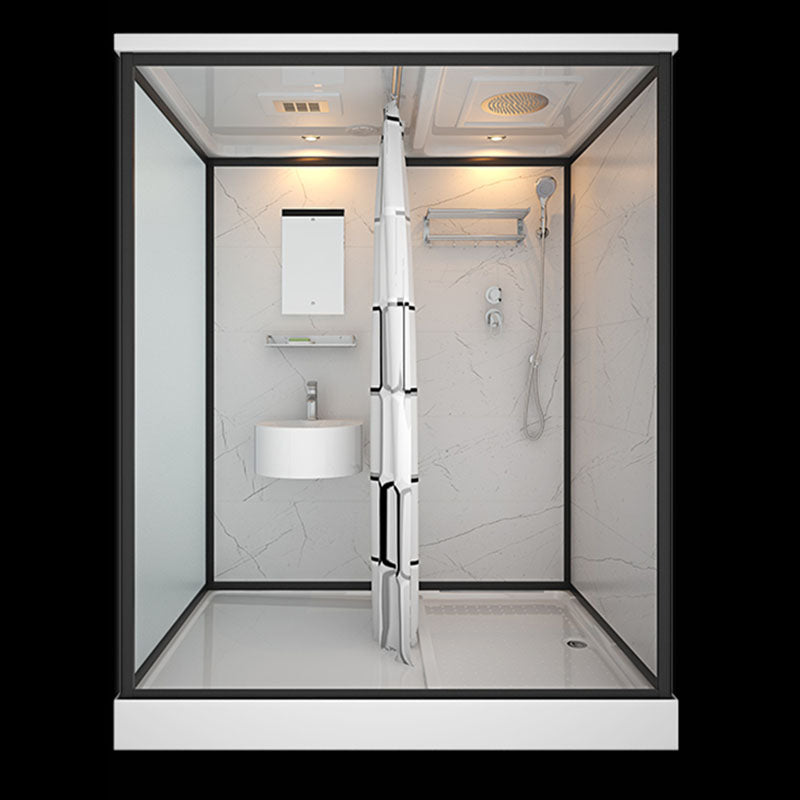 Frosted Tempered Glass Framed Shower Stall with White Base and Towel Bar 47"L x 67"W x 85"H With Heater Clearhalo 'Bathroom Remodel & Bathroom Fixtures' 'Home Improvement' 'home_improvement' 'home_improvement_shower_stalls_enclosures' 'Shower Stalls & Enclosures' 'shower_stalls_enclosures' 'Showers & Bathtubs' 7309082