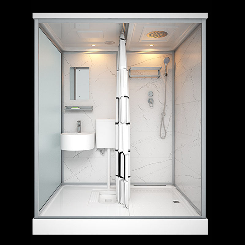 Frosted Tempered Glass Framed Shower Stall with White Base and Towel Bar 43.3"L x 55.1"W x 84.6"H Latrine Pit Included Clearhalo 'Bathroom Remodel & Bathroom Fixtures' 'Home Improvement' 'home_improvement' 'home_improvement_shower_stalls_enclosures' 'Shower Stalls & Enclosures' 'shower_stalls_enclosures' 'Showers & Bathtubs' 7309083
