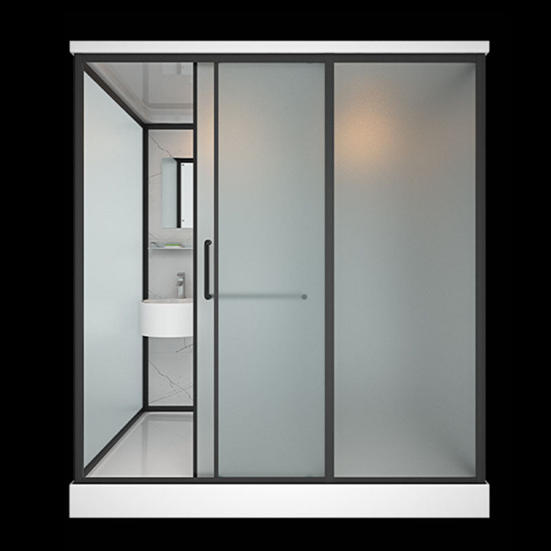Frosted Tempered Glass Framed Shower Stall with White Base and Towel Bar 47"L x 75"W x 85"H Latrine Pit Included Clearhalo 'Bathroom Remodel & Bathroom Fixtures' 'Home Improvement' 'home_improvement' 'home_improvement_shower_stalls_enclosures' 'Shower Stalls & Enclosures' 'shower_stalls_enclosures' 'Showers & Bathtubs' 7309086
