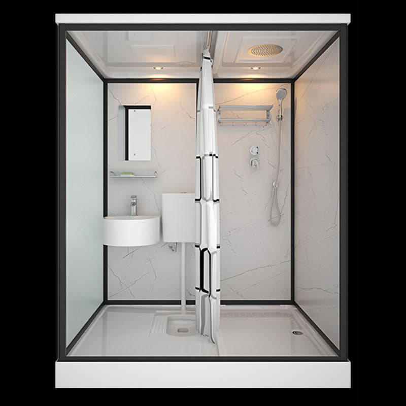 Frosted Tempered Glass Framed Shower Stall with White Base and Towel Bar 47"L x 67"W x 85"H Latrine Pit Included Clearhalo 'Bathroom Remodel & Bathroom Fixtures' 'Home Improvement' 'home_improvement' 'home_improvement_shower_stalls_enclosures' 'Shower Stalls & Enclosures' 'shower_stalls_enclosures' 'Showers & Bathtubs' 7309088