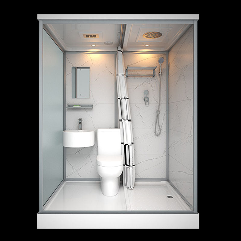 Frosted Tempered Glass Framed Shower Stall with White Base and Towel Bar 43.3"L x 55.1"W x 84.6"H Heating+Toilet Clearhalo 'Bathroom Remodel & Bathroom Fixtures' 'Home Improvement' 'home_improvement' 'home_improvement_shower_stalls_enclosures' 'Shower Stalls & Enclosures' 'shower_stalls_enclosures' 'Showers & Bathtubs' 7309089
