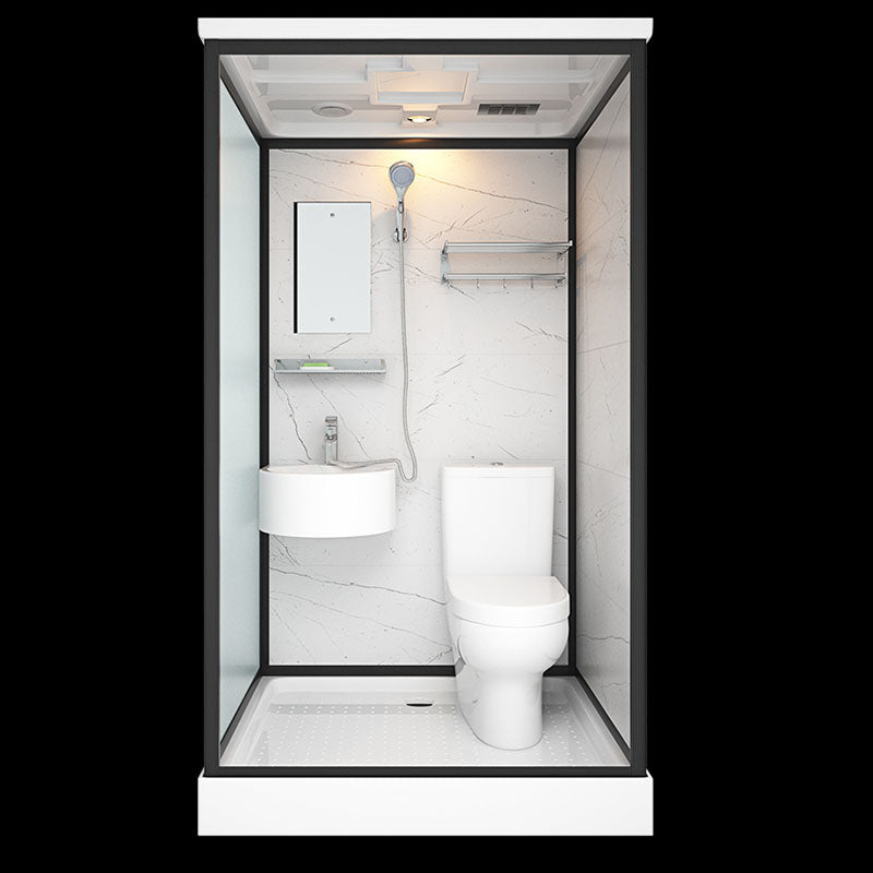 Frosted Tempered Glass Framed Shower Stall with White Base and Towel Bar 47"L x 39"W x 85"H Heating+Toilet Clearhalo 'Bathroom Remodel & Bathroom Fixtures' 'Home Improvement' 'home_improvement' 'home_improvement_shower_stalls_enclosures' 'Shower Stalls & Enclosures' 'shower_stalls_enclosures' 'Showers & Bathtubs' 7309090