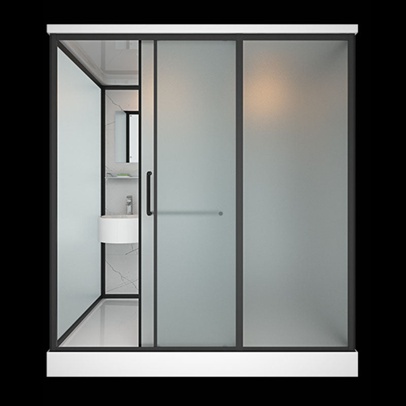Frosted Tempered Glass Framed Shower Stall with White Base and Towel Bar 47"L x 75"W x 85"H Heating+Toilet Clearhalo 'Bathroom Remodel & Bathroom Fixtures' 'Home Improvement' 'home_improvement' 'home_improvement_shower_stalls_enclosures' 'Shower Stalls & Enclosures' 'shower_stalls_enclosures' 'Showers & Bathtubs' 7309091