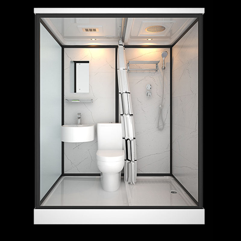 Frosted Tempered Glass Framed Shower Stall with White Base and Towel Bar 47"L x 67"W x 85"H Heating+Toilet Clearhalo 'Bathroom Remodel & Bathroom Fixtures' 'Home Improvement' 'home_improvement' 'home_improvement_shower_stalls_enclosures' 'Shower Stalls & Enclosures' 'shower_stalls_enclosures' 'Showers & Bathtubs' 7309092