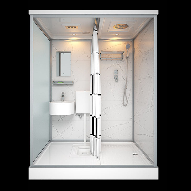 Frosted Tempered Glass Framed Shower Stall with White Base and Towel Bar 43.3"L x 55.1"W x 84.6"H Heating+Latrine Pit Clearhalo 'Bathroom Remodel & Bathroom Fixtures' 'Home Improvement' 'home_improvement' 'home_improvement_shower_stalls_enclosures' 'Shower Stalls & Enclosures' 'shower_stalls_enclosures' 'Showers & Bathtubs' 7309093