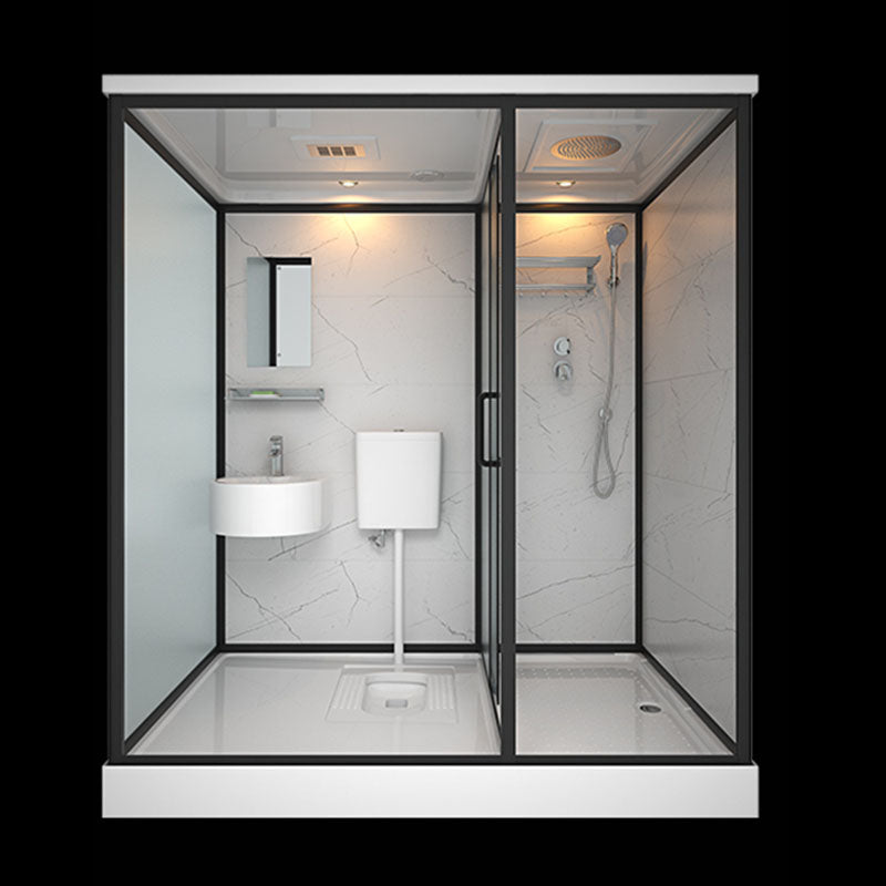 Frosted Tempered Glass Framed Shower Stall with White Base and Towel Bar 47"L x 75"W x 85"H Heating+Latrine Pit Clearhalo 'Bathroom Remodel & Bathroom Fixtures' 'Home Improvement' 'home_improvement' 'home_improvement_shower_stalls_enclosures' 'Shower Stalls & Enclosures' 'shower_stalls_enclosures' 'Showers & Bathtubs' 7309094