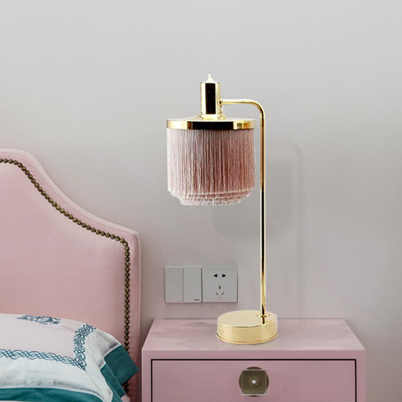 Tassels Fabric Desk Light Modernist 1 Head Pink Night Table Lamp with Gold Arm for Bedside Clearhalo 'Lamps' 'Table Lamps' Lighting' 730911