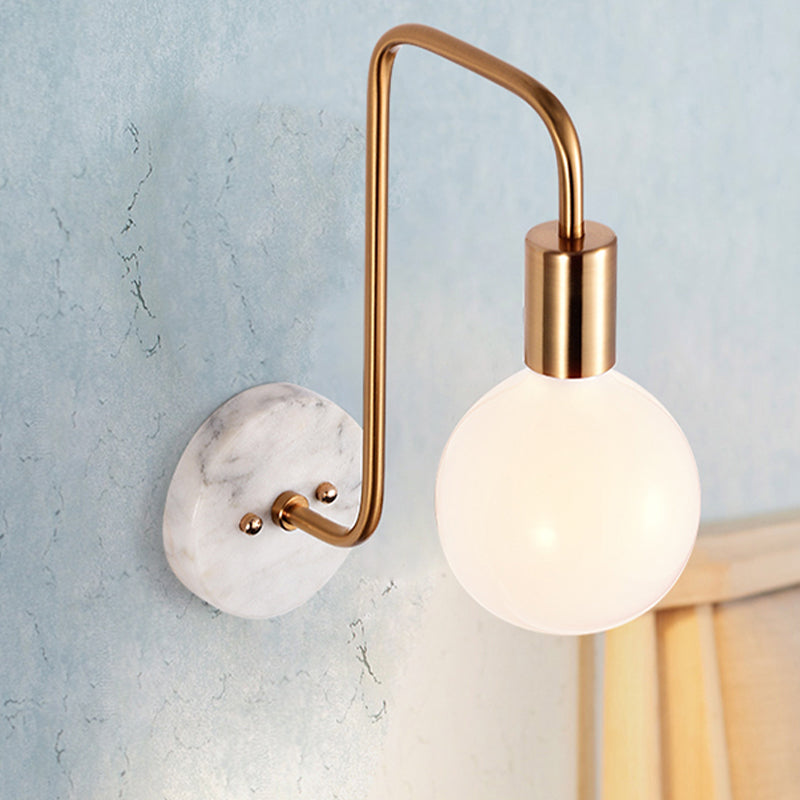 Postmodern Sphere Wall Sconce Lamp White Glass 1 Light Bedroom Wall Light Fixture in Gold with Marble Backplate Gold Clearhalo 'Cast Iron' 'Glass' 'Industrial' 'Modern wall lights' 'Modern' 'Tiffany' 'Traditional wall lights' 'Wall Lamps & Sconces' 'Wall Lights' Lighting' 730990
