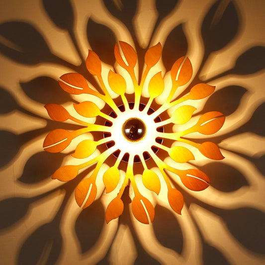 Wooden Floral Wall Lamp Sconce Simple Style 1 Head Beige Wall Lighting Fixture for Bedroom Beige Clearhalo 'Modern wall lights' 'Modern' 'Wall Lamps & Sconces' 'Wall Lights' Lighting' 731009