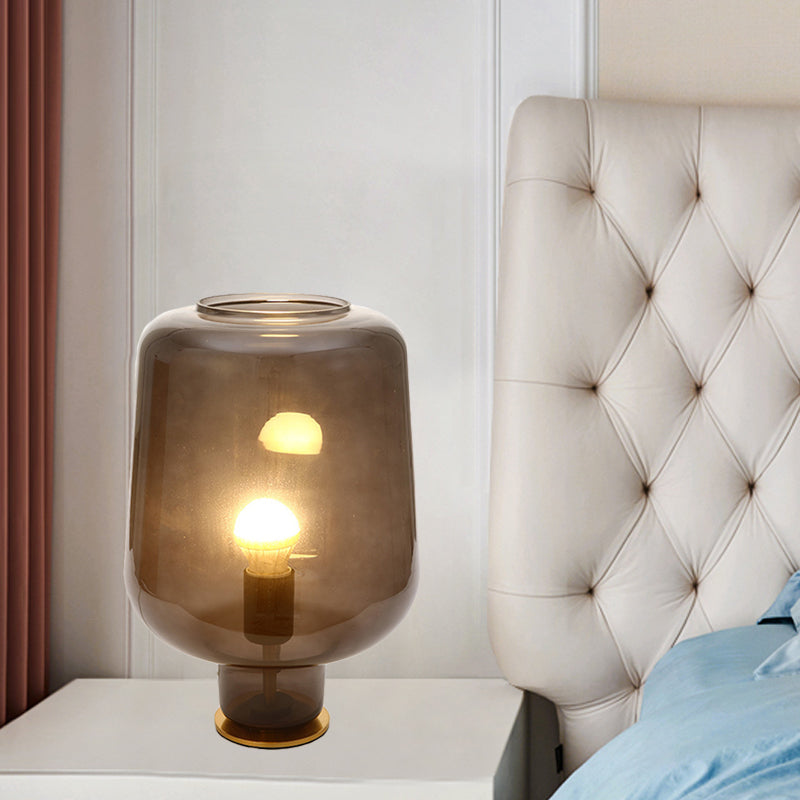 1 Bulb Bedroom Night Table Light Post Modern Brass Desk Lamp with Jar Smoke Gray Glass Shade Clearhalo 'Lamps' 'Table Lamps' Lighting' 731035