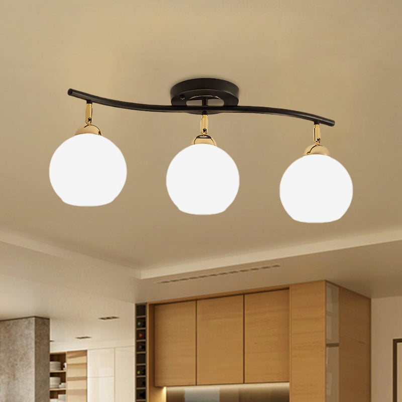 Wave Linear Iron Semi Flush Mount Minimalist 3 Heads White/Black Flush Light Fixture with Global Opal Glass Shade Black Clearhalo 'Ceiling Lights' 'Close To Ceiling Lights' 'Close to ceiling' 'Glass shade' 'Glass' 'Semi-flushmount' Lighting' 731074