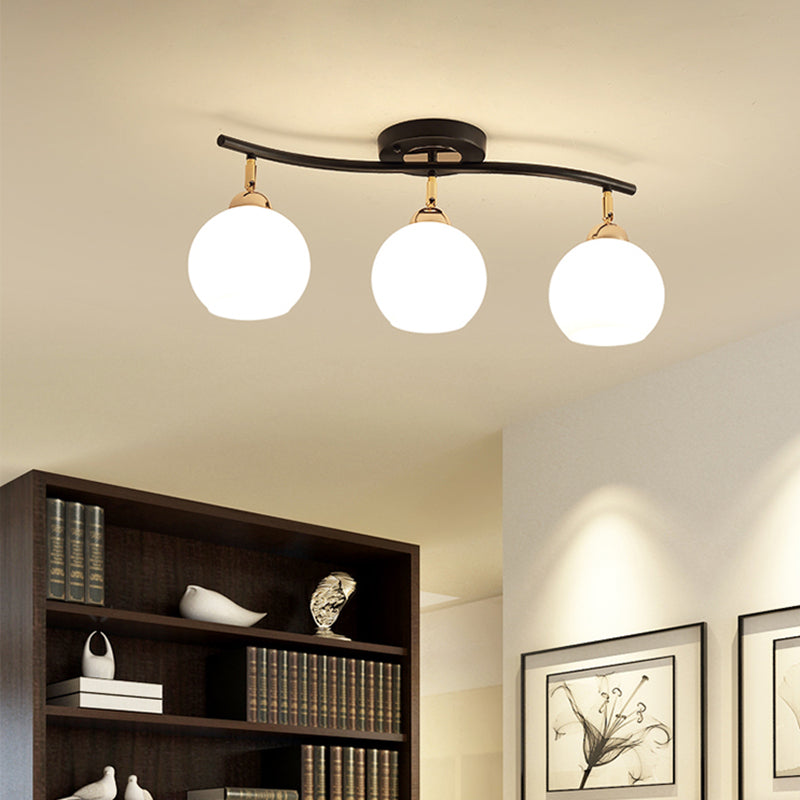 Wave Linear Iron Semi Flush Mount Minimalist 3 Heads White/Black Flush Light Fixture with Global Opal Glass Shade Clearhalo 'Ceiling Lights' 'Close To Ceiling Lights' 'Close to ceiling' 'Glass shade' 'Glass' 'Semi-flushmount' Lighting' 731075
