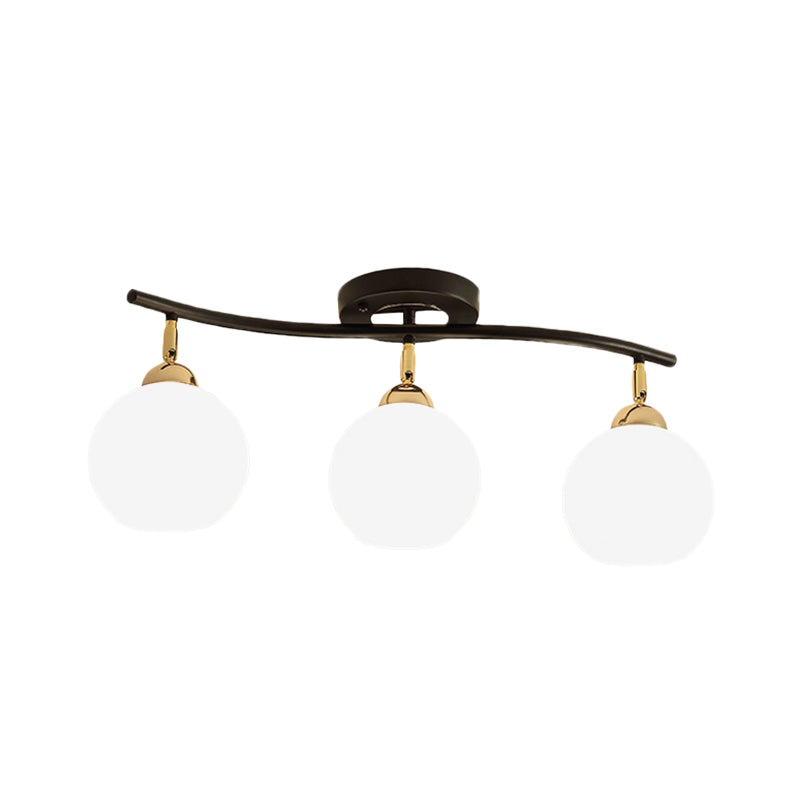 Wave Linear Iron Semi Flush Mount Minimalist 3 Heads White/Black Flush Light Fixture with Global Opal Glass Shade Clearhalo 'Ceiling Lights' 'Close To Ceiling Lights' 'Close to ceiling' 'Glass shade' 'Glass' 'Semi-flushmount' Lighting' 731076