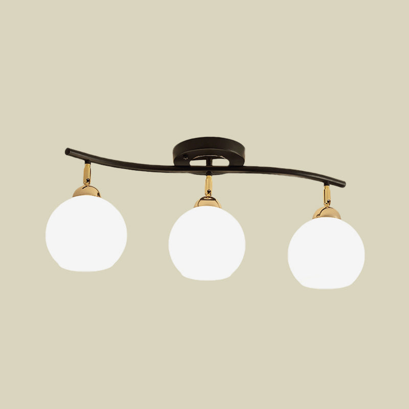 Wave Linear Iron Semi Flush Mount Minimalist 3 Heads White/Black Flush Light Fixture with Global Opal Glass Shade Clearhalo 'Ceiling Lights' 'Close To Ceiling Lights' 'Close to ceiling' 'Glass shade' 'Glass' 'Semi-flushmount' Lighting' 731077