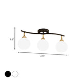 Wave Linear Iron Semi Flush Mount Minimalist 3 Heads White/Black Flush Light Fixture with Global Opal Glass Shade Clearhalo 'Ceiling Lights' 'Close To Ceiling Lights' 'Close to ceiling' 'Glass shade' 'Glass' 'Semi-flushmount' Lighting' 731078