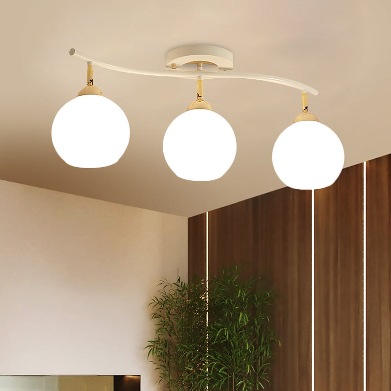 Wave Linear Iron Semi Flush Mount Minimalist 3 Heads White/Black Flush Light Fixture with Global Opal Glass Shade White Clearhalo 'Ceiling Lights' 'Close To Ceiling Lights' 'Close to ceiling' 'Glass shade' 'Glass' 'Semi-flushmount' Lighting' 731079