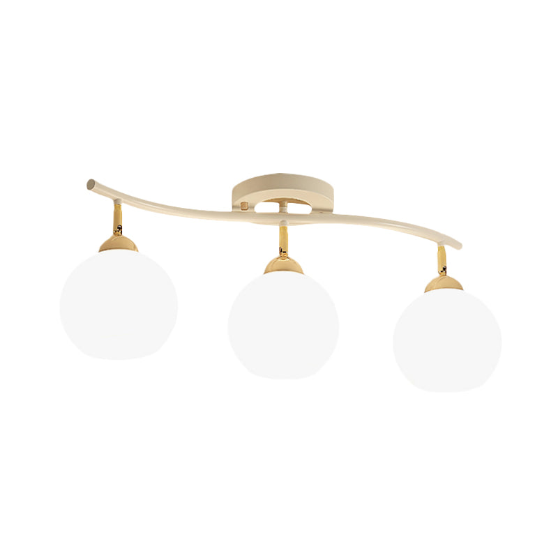 Wave Linear Iron Semi Flush Mount Minimalist 3 Heads White/Black Flush Light Fixture with Global Opal Glass Shade Clearhalo 'Ceiling Lights' 'Close To Ceiling Lights' 'Close to ceiling' 'Glass shade' 'Glass' 'Semi-flushmount' Lighting' 731081