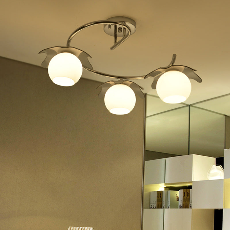 Chrome Ball Semi Flush Light Fixture Modernist 3 Lights Frosted White Glass Flush Lamp with Spiral Arm Clearhalo 'Ceiling Lights' 'Close To Ceiling Lights' 'Close to ceiling' 'Glass shade' 'Glass' 'Semi-flushmount' Lighting' 731083