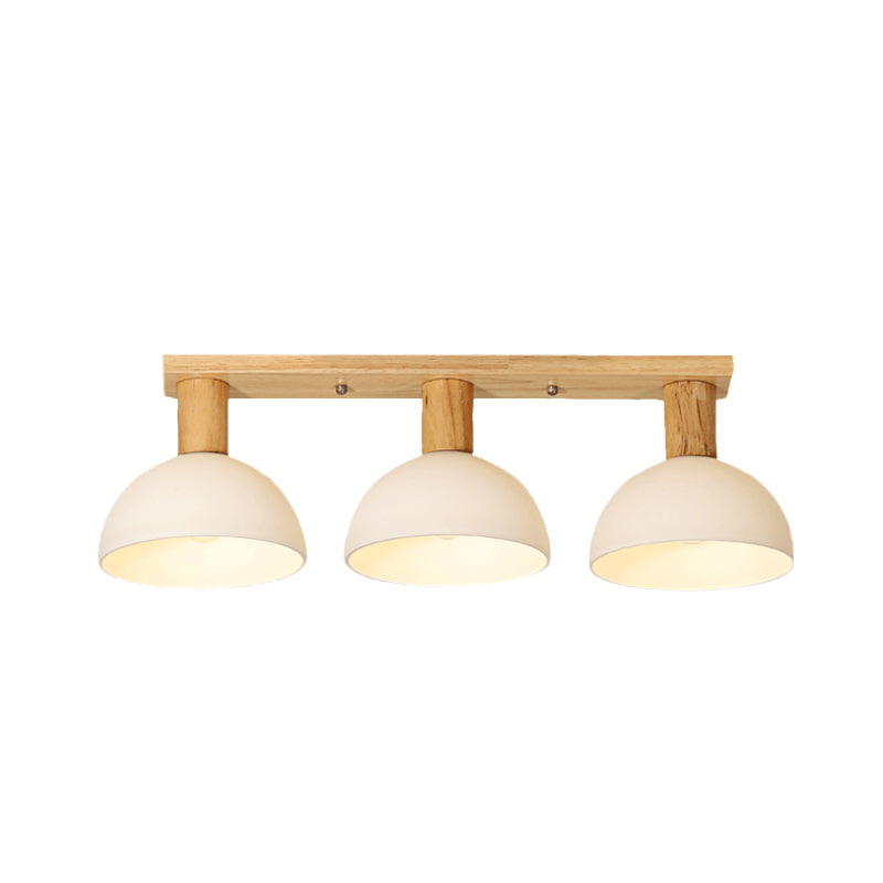 Domed Semi Flush Lighting Modern White Glass 3 Heads Wood Ceiling Mounted Lamp with Linear Design Clearhalo 'Ceiling Lights' 'Close To Ceiling Lights' 'Close to ceiling' 'Glass shade' 'Glass' 'Pendant Lights' 'Semi-flushmount' Lighting' 731089