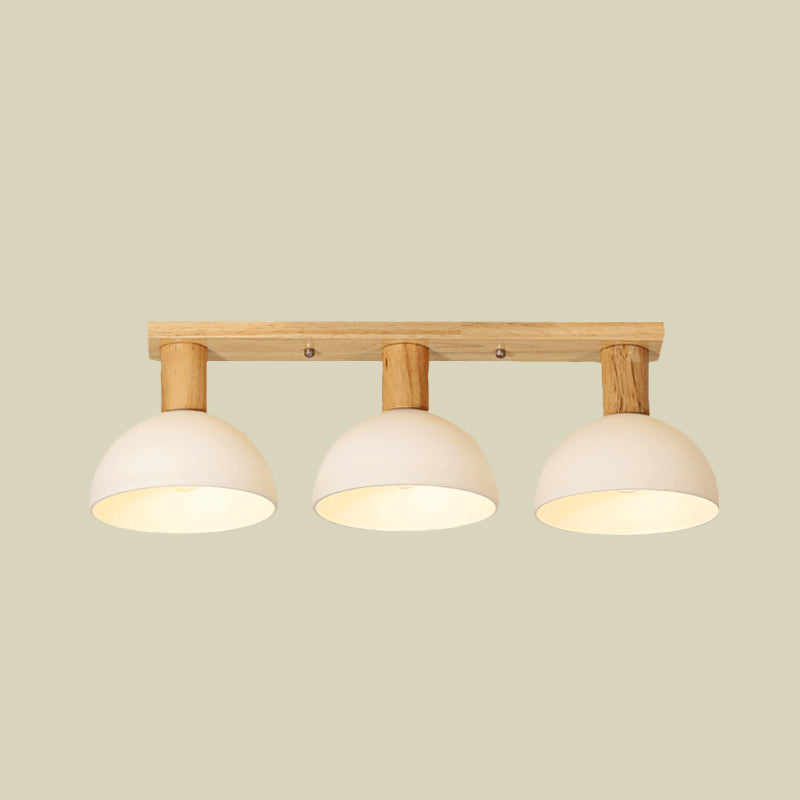 Domed Semi Flush Lighting Modern White Glass 3 Heads Wood Ceiling Mounted Lamp with Linear Design Clearhalo 'Ceiling Lights' 'Close To Ceiling Lights' 'Close to ceiling' 'Glass shade' 'Glass' 'Pendant Lights' 'Semi-flushmount' Lighting' 731090