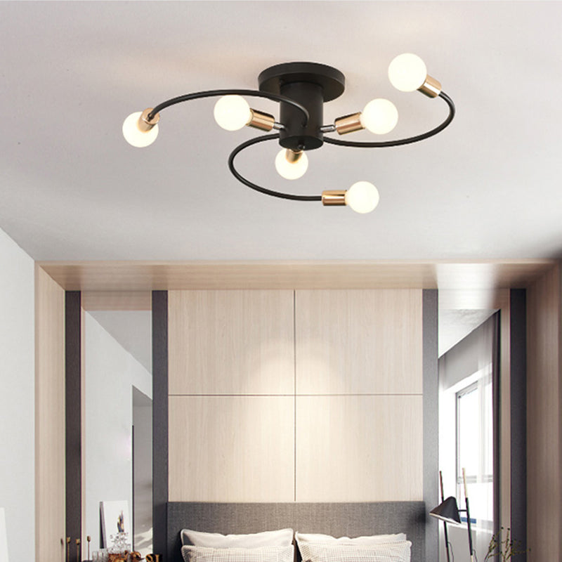 Spiral Arm Iron Semi Flush Lighting Modernism 6-Bulb Black and Gold Close to Ceiling Lamp Clearhalo 'Ceiling Lights' 'Close To Ceiling Lights' 'Close to ceiling' 'Glass shade' 'Glass' 'Semi-flushmount' Lighting' 731098