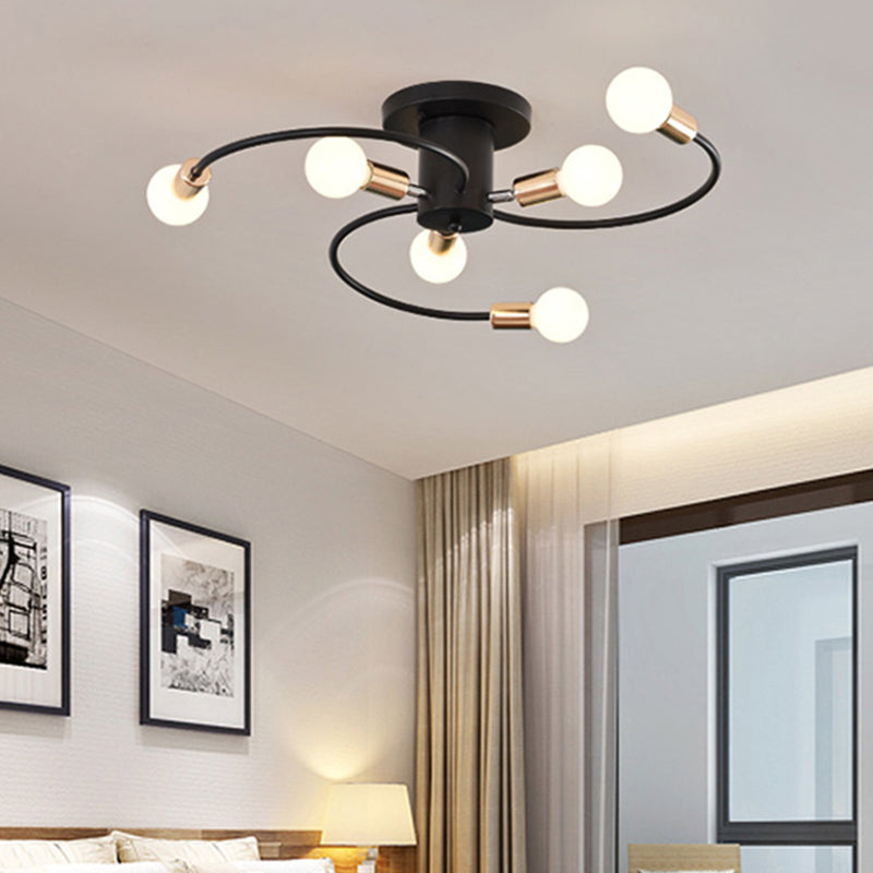 Spiral Arm Iron Semi Flush Lighting Modernism 6-Bulb Black and Gold Close to Ceiling Lamp Clearhalo 'Ceiling Lights' 'Close To Ceiling Lights' 'Close to ceiling' 'Glass shade' 'Glass' 'Semi-flushmount' Lighting' 731099