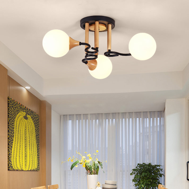 Black and Wood Sphere Semi Flush Mount Light Modernism 3/6 Lights Opal Glass Flush Ceiling Lamp Clearhalo 'Ceiling Lights' 'Close To Ceiling Lights' 'Close to ceiling' 'Glass shade' 'Glass' 'Semi-flushmount' Lighting' 731103