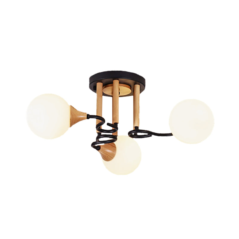 Black and Wood Sphere Semi Flush Mount Light Modernism 3/6 Lights Opal Glass Flush Ceiling Lamp Clearhalo 'Ceiling Lights' 'Close To Ceiling Lights' 'Close to ceiling' 'Glass shade' 'Glass' 'Semi-flushmount' Lighting' 731104