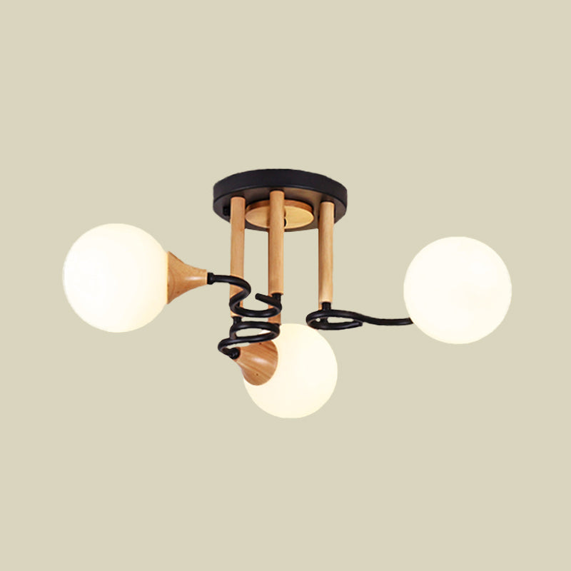 Black and Wood Sphere Semi Flush Mount Light Modernism 3/6 Lights Opal Glass Flush Ceiling Lamp Clearhalo 'Ceiling Lights' 'Close To Ceiling Lights' 'Close to ceiling' 'Glass shade' 'Glass' 'Semi-flushmount' Lighting' 731105
