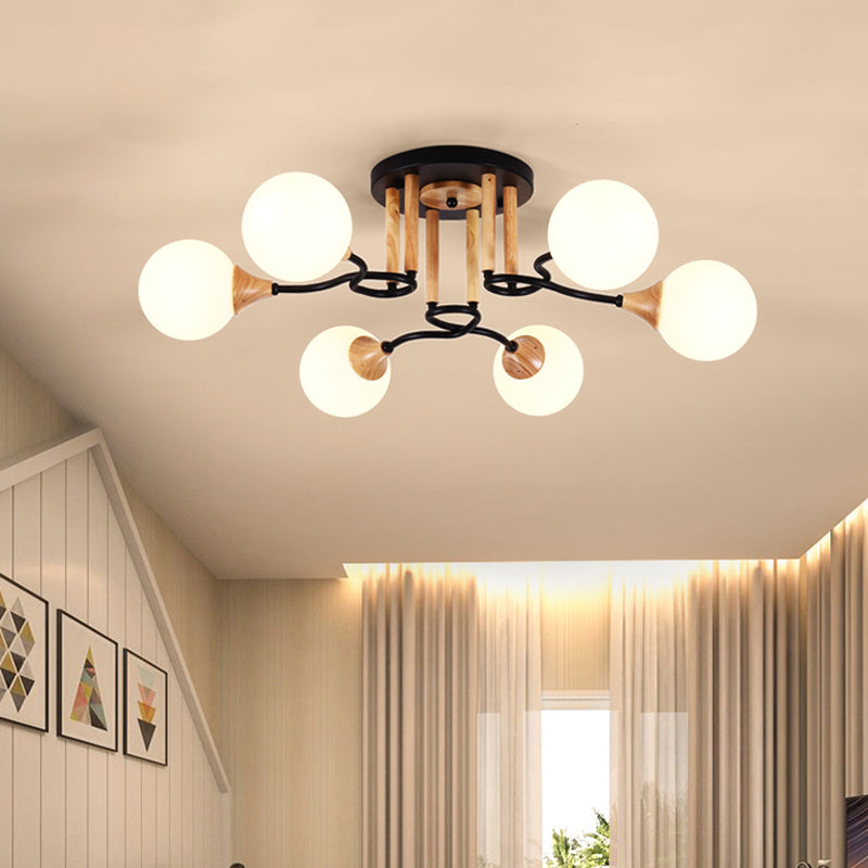 Black and Wood Sphere Semi Flush Mount Light Modernism 3/6 Lights Opal Glass Flush Ceiling Lamp 6 Black Clearhalo 'Ceiling Lights' 'Close To Ceiling Lights' 'Close to ceiling' 'Glass shade' 'Glass' 'Semi-flushmount' Lighting' 731107