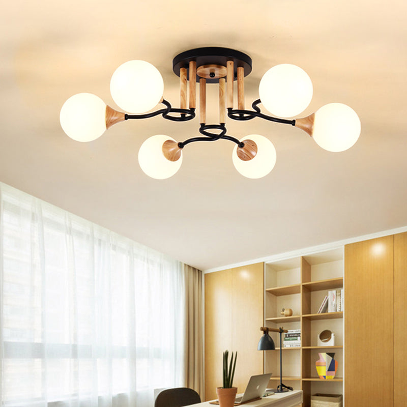 Black and Wood Sphere Semi Flush Mount Light Modernism 3/6 Lights Opal Glass Flush Ceiling Lamp Clearhalo 'Ceiling Lights' 'Close To Ceiling Lights' 'Close to ceiling' 'Glass shade' 'Glass' 'Semi-flushmount' Lighting' 731108