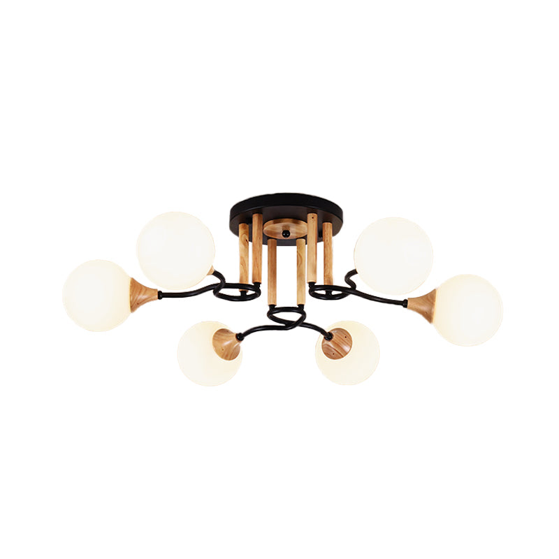 Black and Wood Sphere Semi Flush Mount Light Modernism 3/6 Lights Opal Glass Flush Ceiling Lamp Clearhalo 'Ceiling Lights' 'Close To Ceiling Lights' 'Close to ceiling' 'Glass shade' 'Glass' 'Semi-flushmount' Lighting' 731109