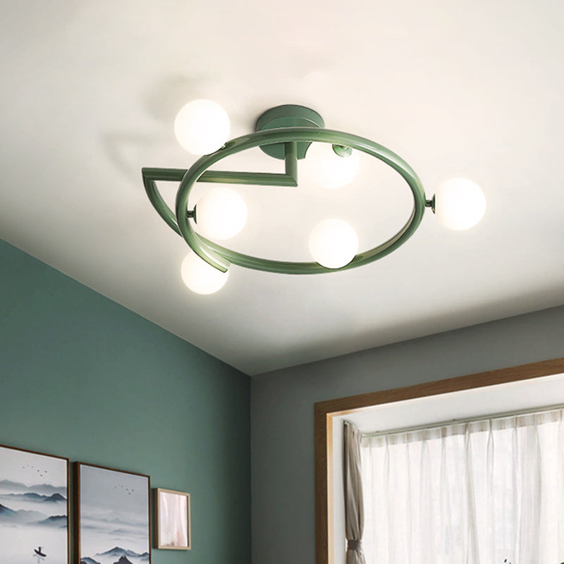 Metal Halo Ring Semi Flush Lighting Minimalism 5 Lights LED Flush Mounted Lamp in Green for Bedroom Green Clearhalo 'Ceiling Lights' 'Close To Ceiling Lights' 'Close to ceiling' 'Glass shade' 'Glass' 'Semi-flushmount' Lighting' 731111