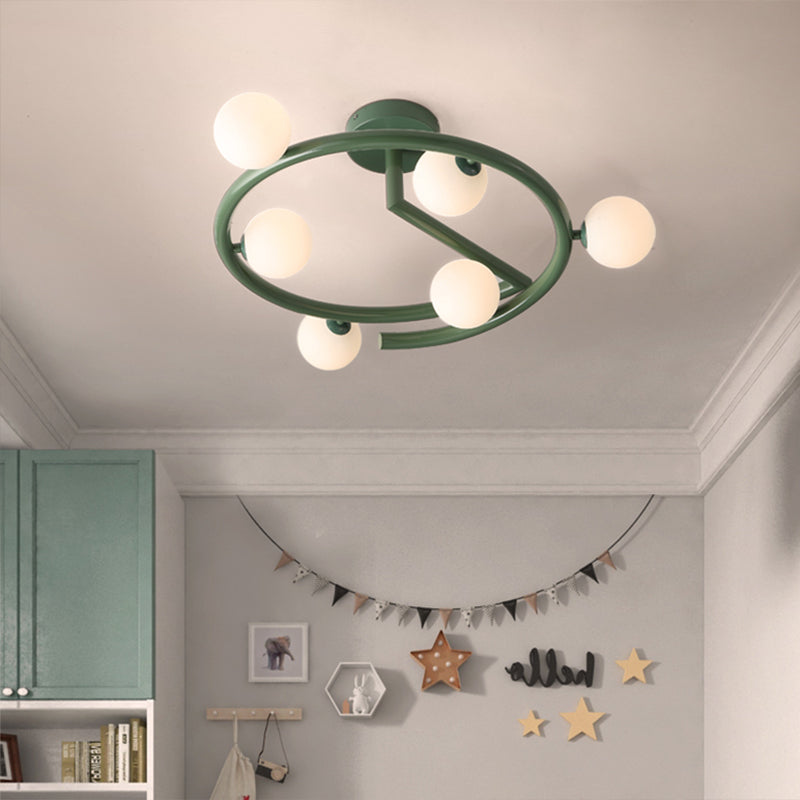 Metal Halo Ring Semi Flush Lighting Minimalism 5 Lights LED Flush Mounted Lamp in Green for Bedroom Clearhalo 'Ceiling Lights' 'Close To Ceiling Lights' 'Close to ceiling' 'Glass shade' 'Glass' 'Semi-flushmount' Lighting' 731112