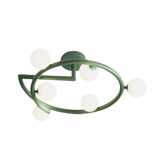 Metal Halo Ring Semi Flush Lighting Minimalism 5 Lights LED Flush Mounted Lamp in Green for Bedroom Clearhalo 'Ceiling Lights' 'Close To Ceiling Lights' 'Close to ceiling' 'Glass shade' 'Glass' 'Semi-flushmount' Lighting' 731113