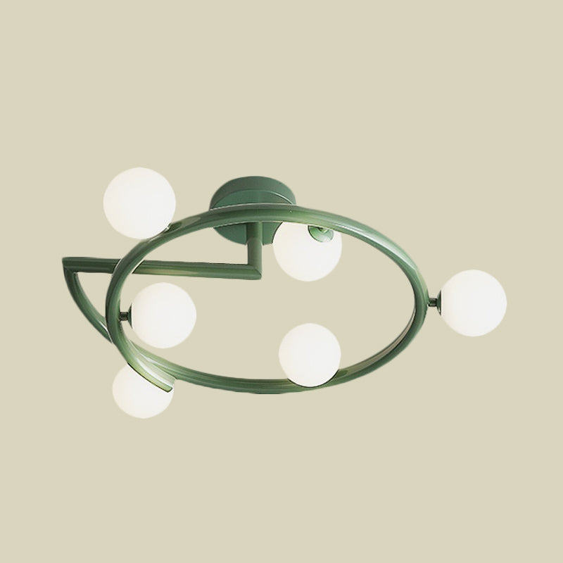 Metal Halo Ring Semi Flush Lighting Minimalism 5 Lights LED Flush Mounted Lamp in Green for Bedroom Clearhalo 'Ceiling Lights' 'Close To Ceiling Lights' 'Close to ceiling' 'Glass shade' 'Glass' 'Semi-flushmount' Lighting' 731114