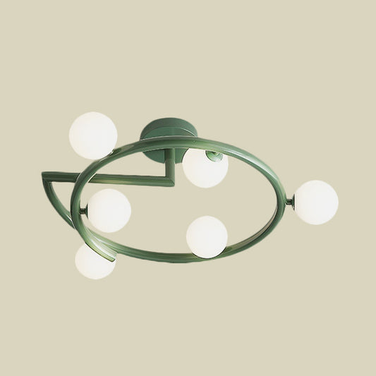 Metal Halo Ring Semi Flush Lighting Minimalism 5 Lights LED Flush Mounted Lamp in Green for Bedroom Clearhalo 'Ceiling Lights' 'Close To Ceiling Lights' 'Close to ceiling' 'Glass shade' 'Glass' 'Semi-flushmount' Lighting' 731114