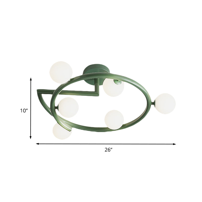 Metal Halo Ring Semi Flush Lighting Minimalism 5 Lights LED Flush Mounted Lamp in Green for Bedroom Clearhalo 'Ceiling Lights' 'Close To Ceiling Lights' 'Close to ceiling' 'Glass shade' 'Glass' 'Semi-flushmount' Lighting' 731115
