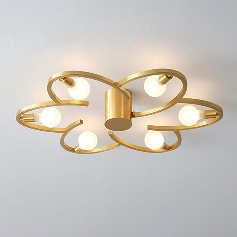 Modern Flower Semi Flush Mount Metallic 5/6-Head Bedroom Close to Ceiling Lighting in Gold 6 Gold Clearhalo 'Ceiling Lights' 'Close To Ceiling Lights' 'Close to ceiling' 'Glass shade' 'Glass' 'Semi-flushmount' Lighting' 731116